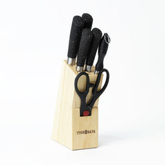 7 Pcs Stainless Steel Knife Set with Wooden Block – Black Granite Handle Kitchen Knives & Scissors