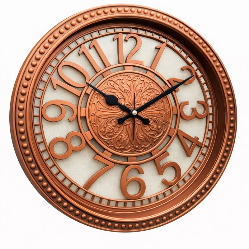 Heritage Retro Wall Clock 15 Inch – Ornate Copper Finish with Embossed Center & Classic Numerals (Plastic) - Habitt