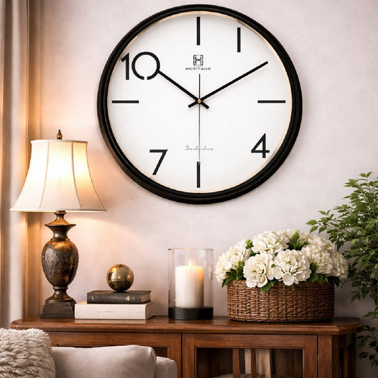 Heritage Squat Big 15.25" Modern Minimalist Wall Clock – Large Decorative Round Wall Clock with Black Frame and Clean Dial - Habitt