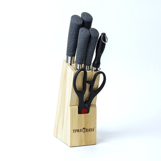 7 Pcs Stainless Steel Knife Set with Wooden Block – Black Speckled Handle Kitchen Knives & Scissors
