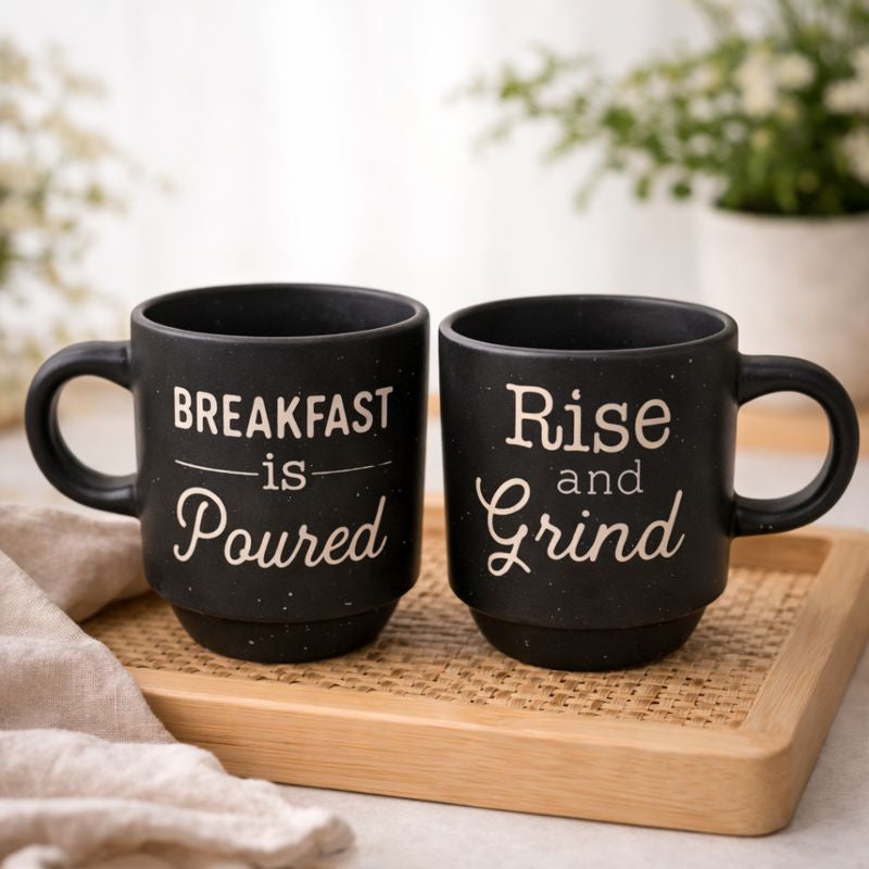 Pack Of 2  Mini Ceramic Coffee Mug Set – Breakfast & Motivation Quotes | Small Espresso Cups