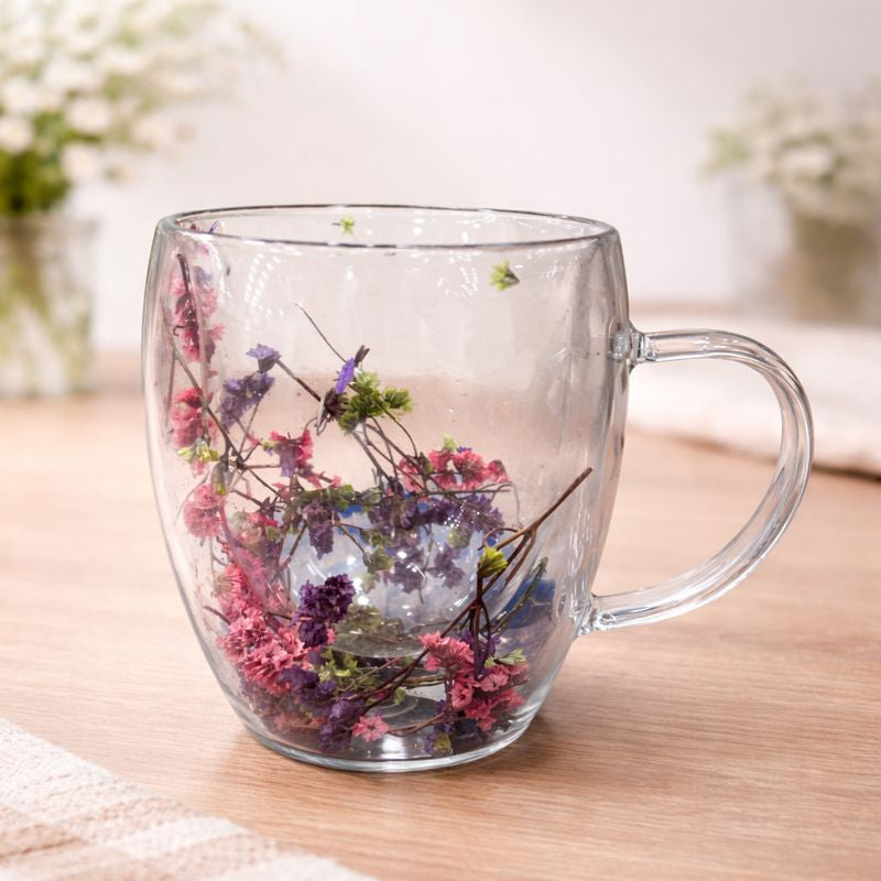 Double Wall Floral Mug – Transparent Tea & Coffee Cup with Dried Flowers