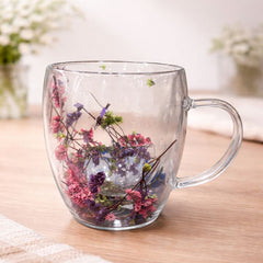 Double Wall Floral Mug – Transparent Tea & Coffee Cup with Dried Flowers