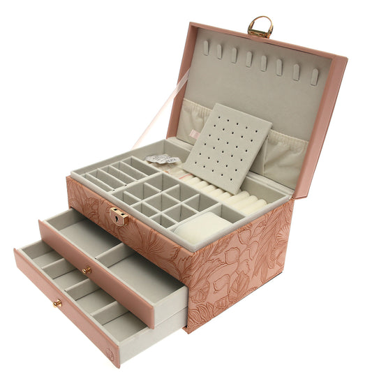 Large Jewelry Storage Box – Double Drawer Organizer with Mirror & Embossed Design