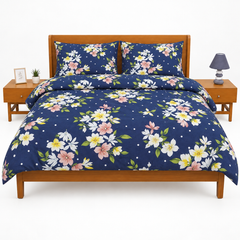 Double Comforter Dark Blue, White & Pink Flowers