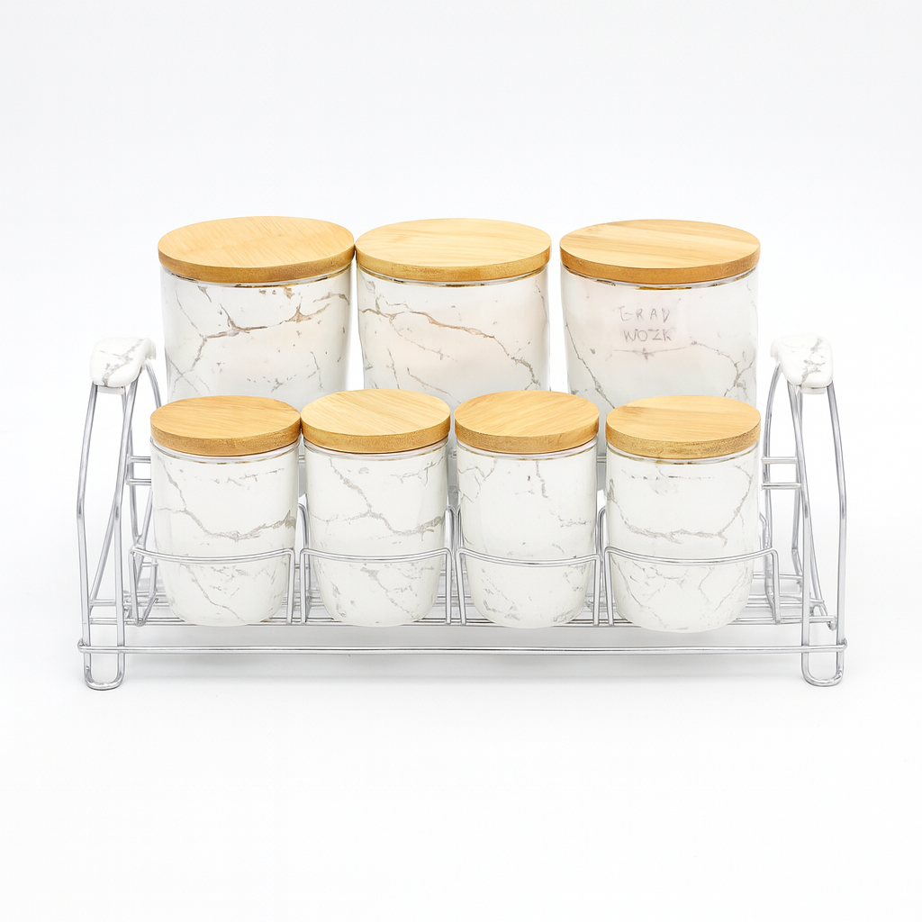 7 Pcs Canister Set with Wooden Lid W – white Marble Kitchen Storage Jars