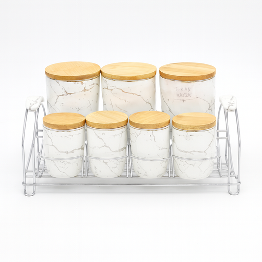 7 Pcs Canister Set with Wooden Lid W – white Marble Kitchen Storage Jars
