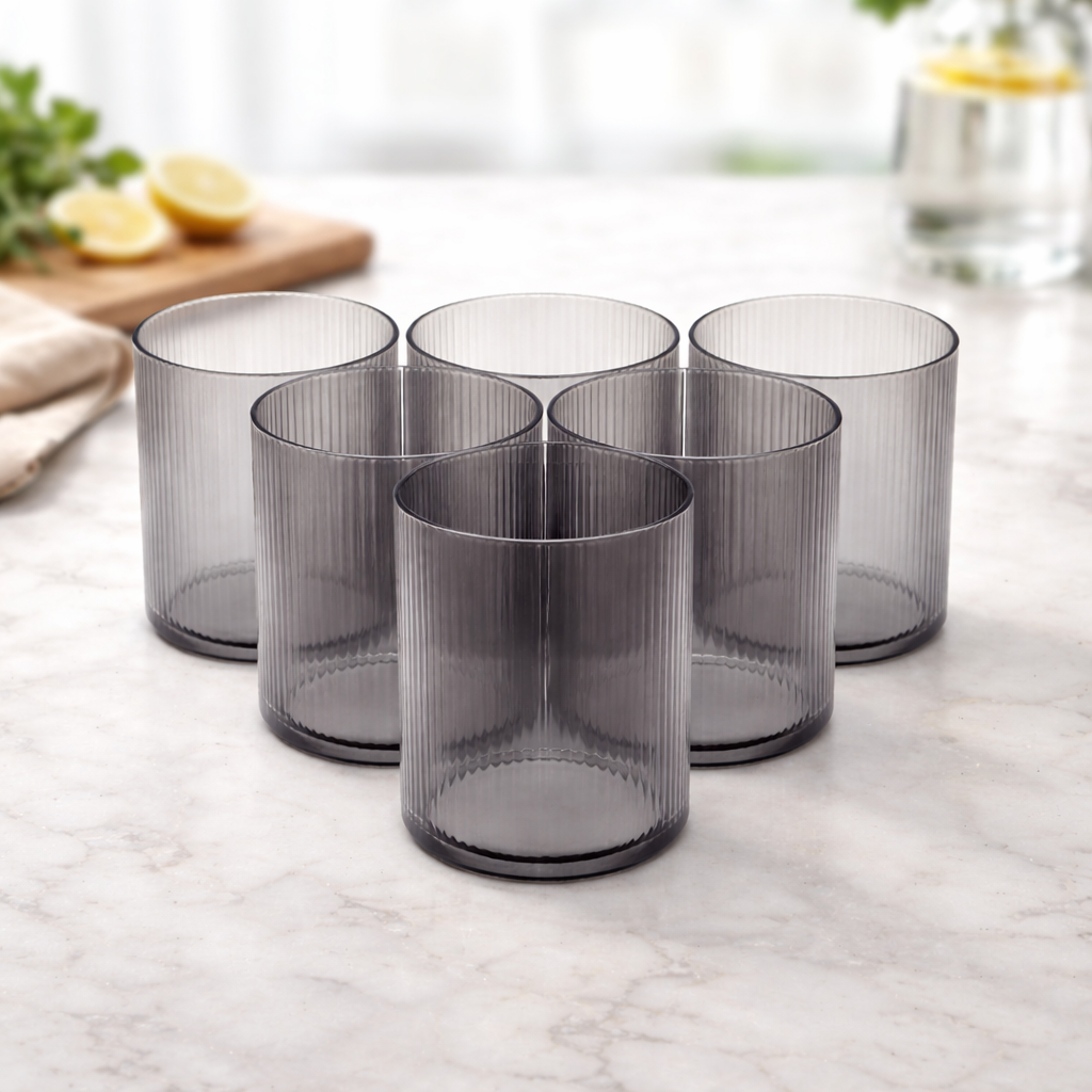 6Pcs Tumbler Set – 350ml Ribbed Smoke Grey Drinking Glasses - Habitt