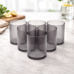 6Pcs Tumbler Set – 350ml Ribbed Smoke Grey Drinking Glasses - Habitt
