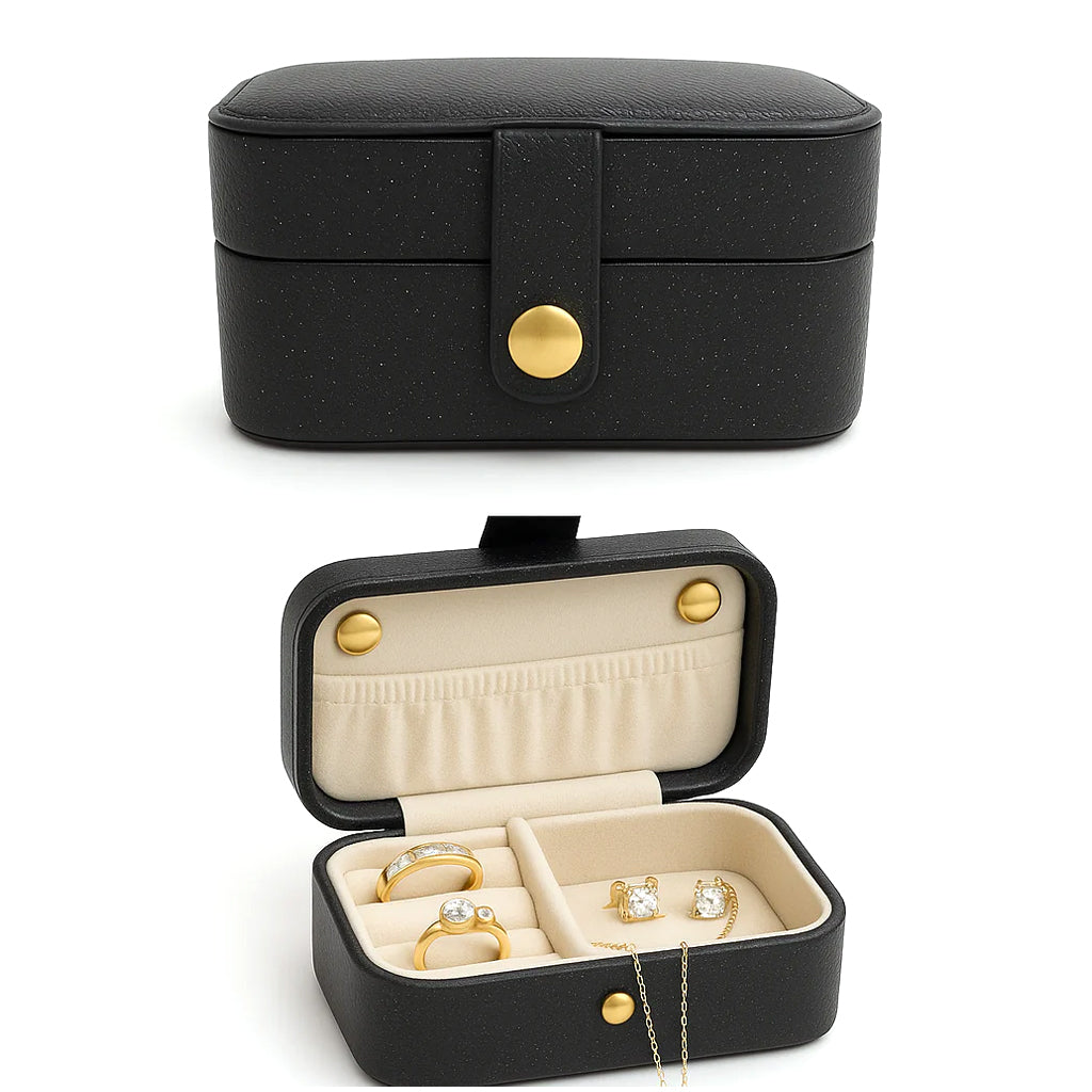 Portable Jewelry Storage Box – Black with Gold Button Closure