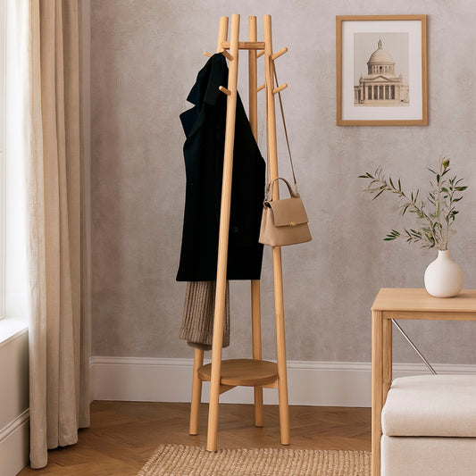 Wooden Coat Tree – Modern Standing Coat & Hat Rack with Storage Shelf