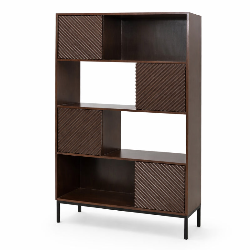 Oaklin Wooden Display Shelf with Sliding Textured Doors – Modern Storage Bookcase & Cabinet Unit - Habitt