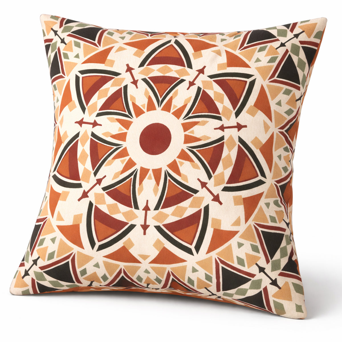 Tribal Geometric Circle Cushion Cover 18x18 Inch – Warm Boho Screen Printed Off White Decorative Pillow Cover - Habitt