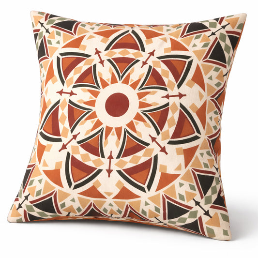 Tribal Geometric Circle Cushion Cover 18x18 Inch – Warm Boho Screen Printed Off White Decorative Pillow Cover - Habitt