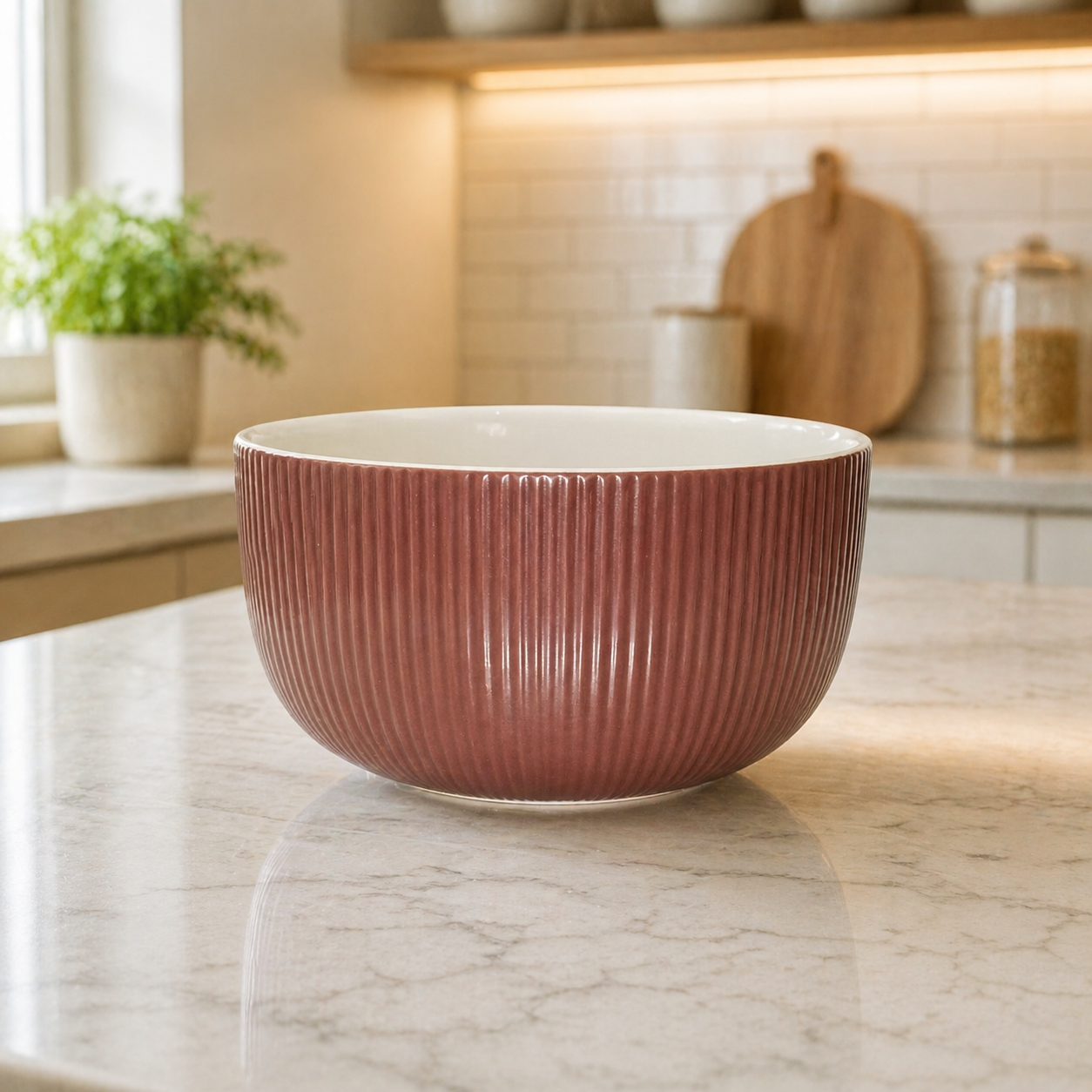 Ribbed Ceramic Serving Bowl – Modern Textured Stoneware Salad Bowl - Habitt