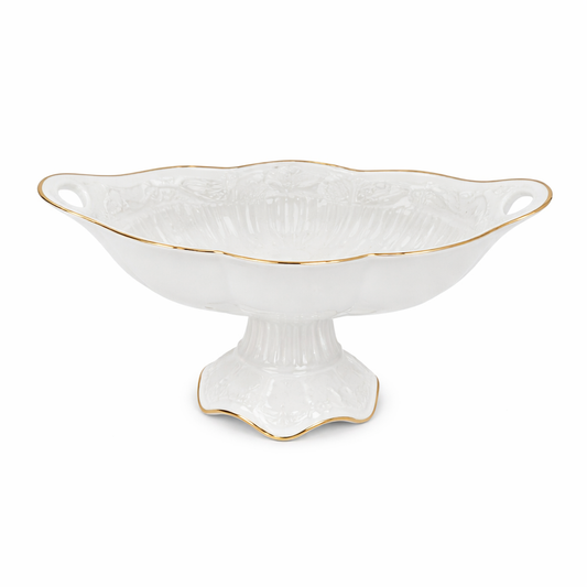 Medium White Porcelain Fruit Bowl with Gold Trim – Elegant Pedestal Serving Bowl
