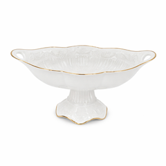 Medium White Porcelain Fruit Bowl with Gold Trim – Elegant Pedestal Serving Bowl