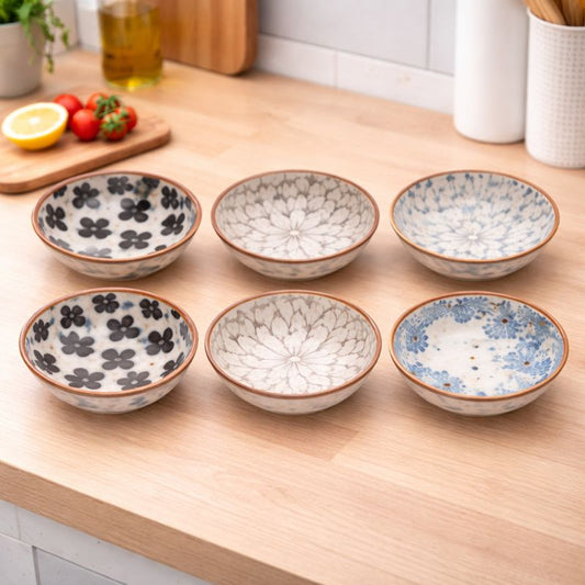6-Piece Ceramic Bowl Set – Minimal Floral Pattern with Earthy Rim