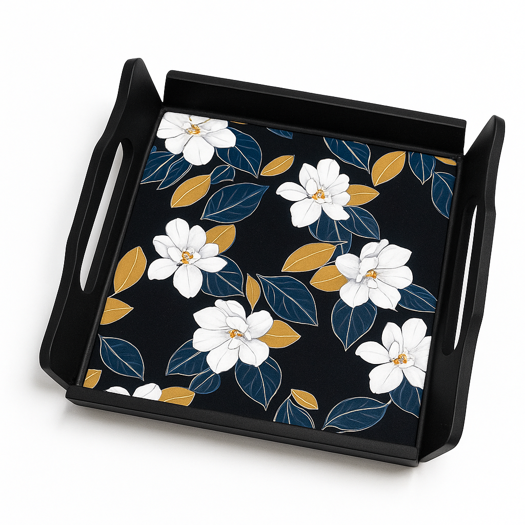 Magical Black Tray – White Floral Design