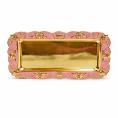 Golden Rectangular Serving Tray – Luxury Decorative Platter with Ornate Pink & Gold Border - Habitt