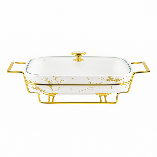 14.5" Marble-Design Ceramic Casserole With Gold Stand – Luxury Serving & Warming Dish