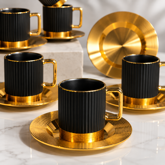 Luxury Metal Cup & Saucer Set – Black and Gold Tea Coffee Cups - Habitt