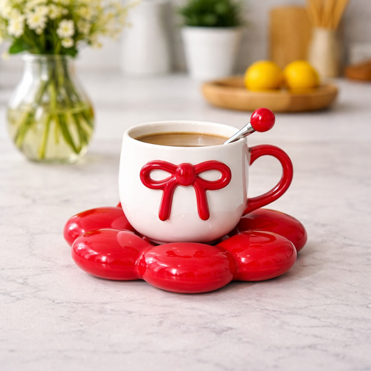 Ceramic Flower Saucer & Bowl Cup Set – Elegant Tea & Dessert Set (Yellow / Red / Pink)