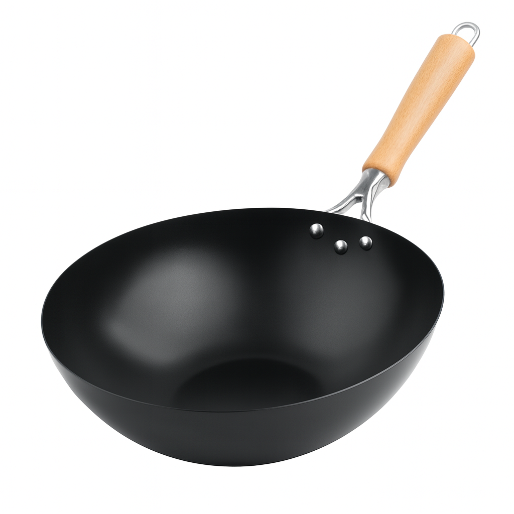 Steel Wok Pan with Wooden Handle – Non-Stick Deep Fry Pan for Stir-Fry, Sauté & Everyday Cooking (22 cm, 24 cm, 26 cm) - Habitt