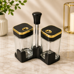 Premium 2PCS Black Glass Spice Bottle Set with Stand & Gold Lid Accent - Habitt