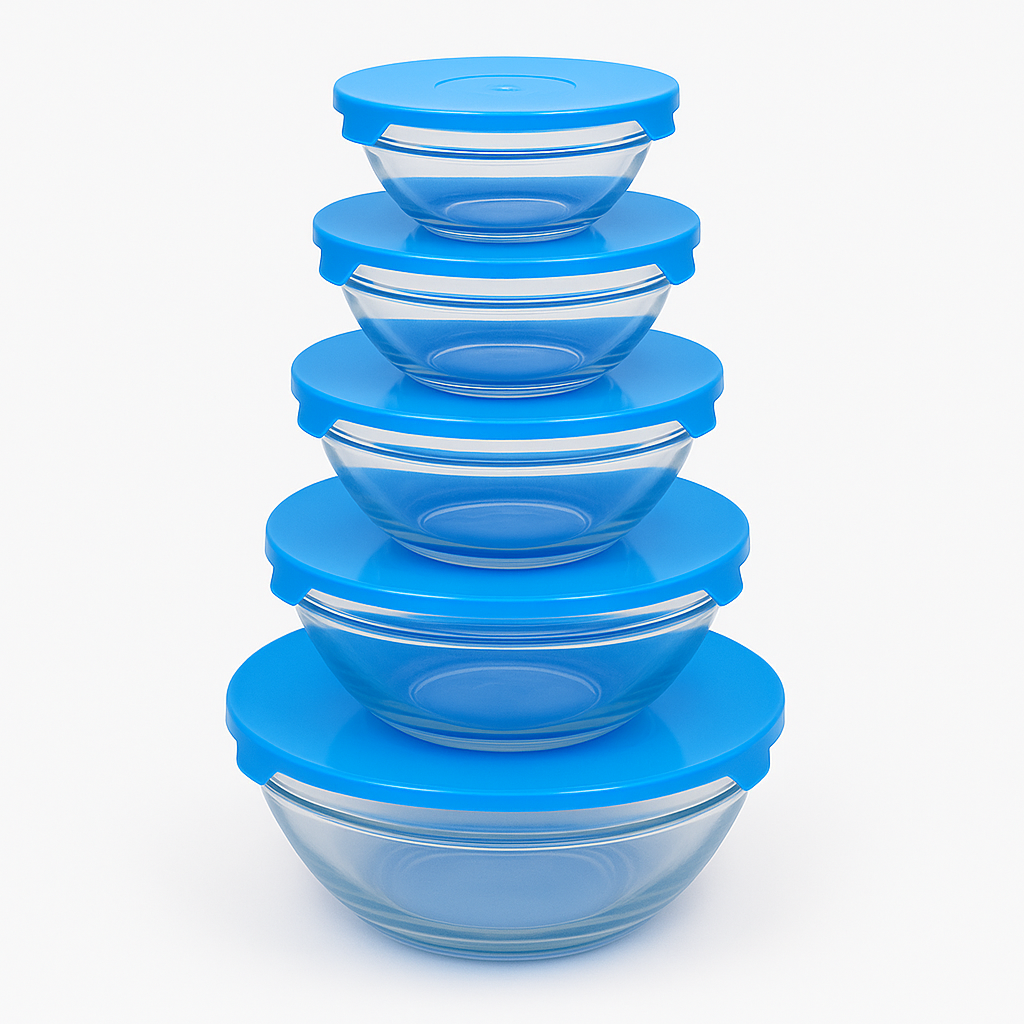 Premium 5-Piece Glass Bowl Set with Airtight Blue Lids – Stackable Kitchen Storage & Serving Bowls