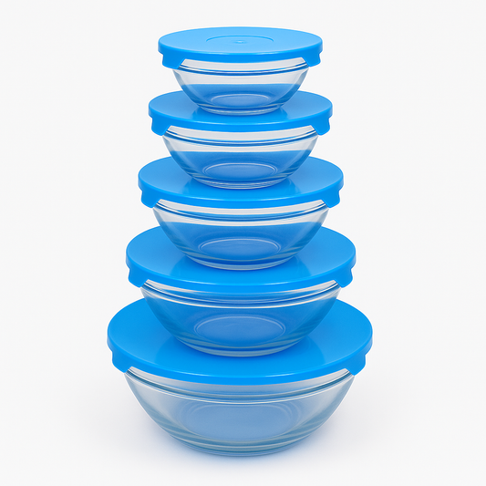 Premium 5-Piece Glass Bowl Set with Airtight Blue Lids – Stackable Kitchen Storage & Serving Bowls