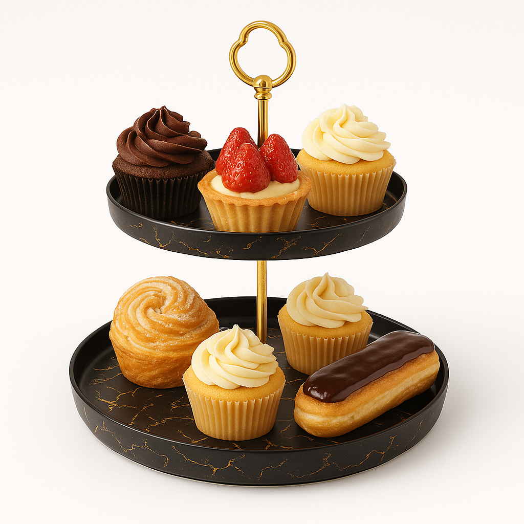 2-Tier Pastry Stand – Black Finish with Gold Handle