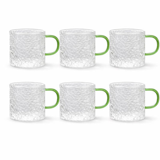Pack of 6 Textured Glass Mug with Green Handle – Elegant Tea & Coffee Cup