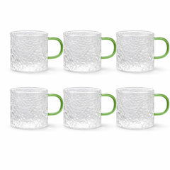 Pack of 6 Textured Glass Mug with Green Handle – Elegant Tea & Coffee Cup