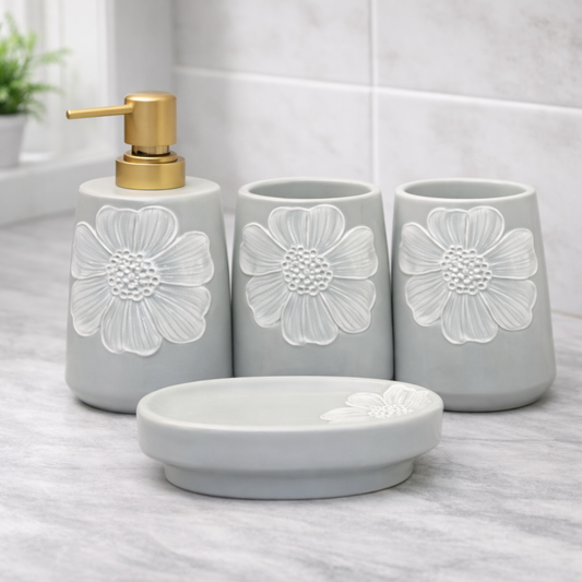 4-Piece Bathroom Accessories Set – Grey with White Flower Design Soap Dispenser, Toothbrush Holder & Soap Dish - Habitt