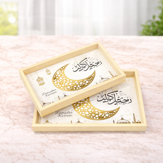 2 Pcs Tray Set – Rectangular Serving Trays with Elegant Crescent & Arabic Calligraphy Design - Habitt