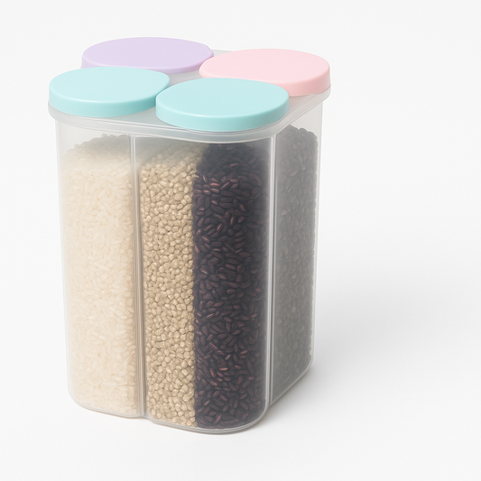 4-Partition Plastic Storage Jar – 2.3 Litre Airtight Food Container for Kitchen | Multi-Section Cereal, Grain &amp; Pulse Organizer