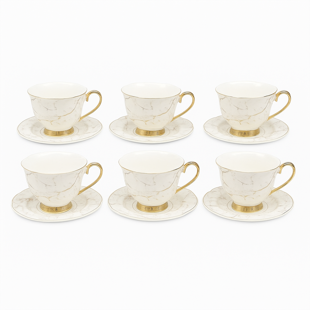 Vintage 6 Pcs Cup & Saucer Set 621 – White Marble Porcelain Tea Cups with Gold Handle