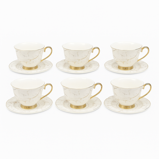 Vintage 6 Pcs Cup & Saucer Set 621 – White Marble Porcelain Tea Cups with Gold Handle
