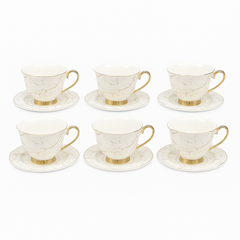 Vintage 6 Pcs Cup & Saucer Set 621 – White Marble Porcelain Tea Cups with Gold Handle