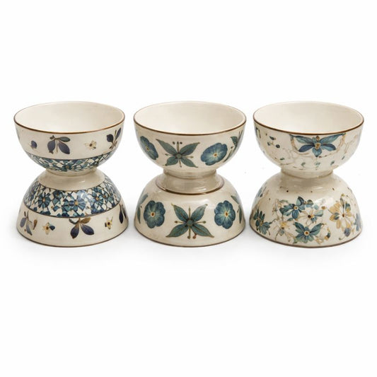 6PC Ceramic Bowl Set with Pedestal Base – Floral Pattern | Elegant Serving Bowls