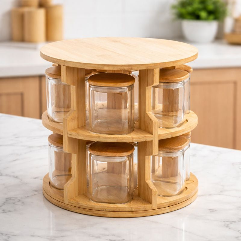 Jar Set Wooden – Round Multi-Tier Storage Organizer with Lids - Habitt