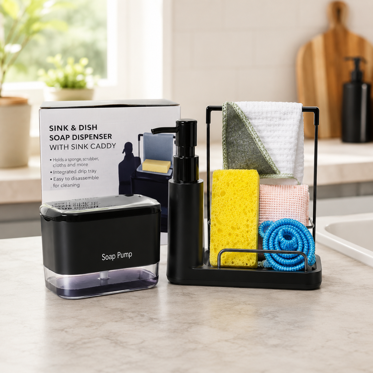 Soap Pump with Sponge Holder & Sink Organizer
