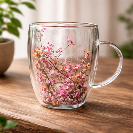 Flower Double Wall Glass Mug – Lavender Burst Floral Aesthetic Cup - Habitt