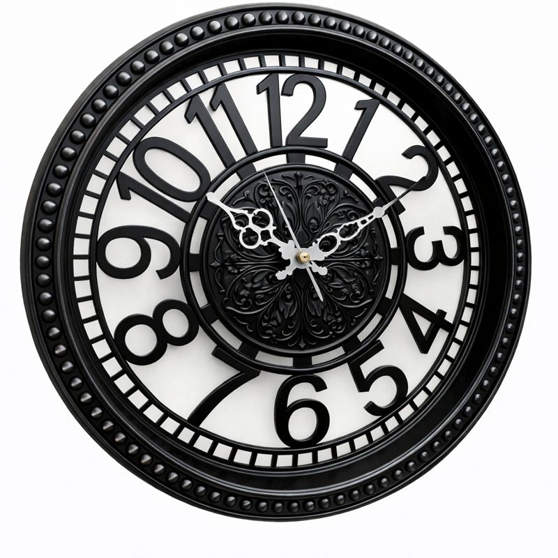 Heritage Retro Wall Clock 15 Inch – Classic Black Finish with Ornate Center & Raised Numerals (Plastic)