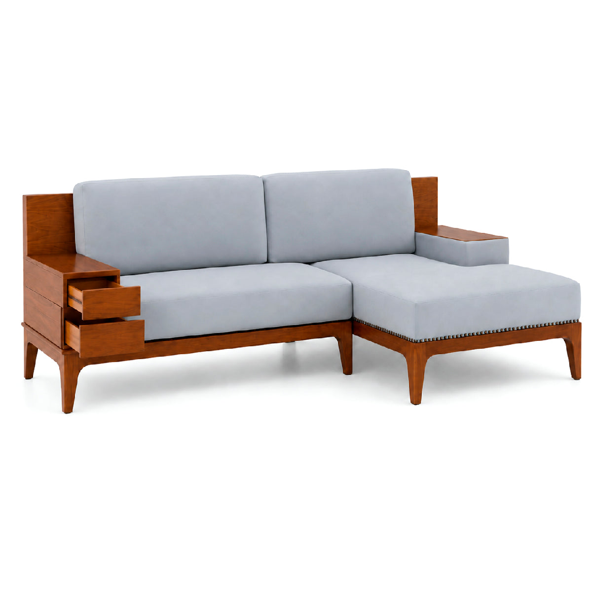 Nerra 6 Seater Wooden Corner Sofa | Modern L-Shape Lounge Sofa with Storage Drawers - Habitt