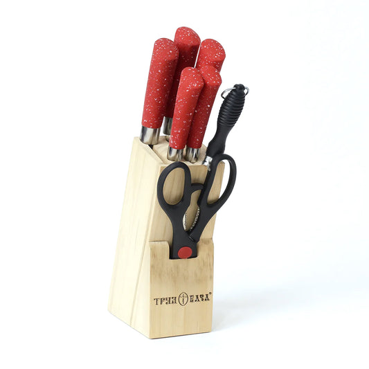 7 Pcs Stainless Steel Knife Set with Wooden Block – Red Handle Kitchen Knives & Scissors