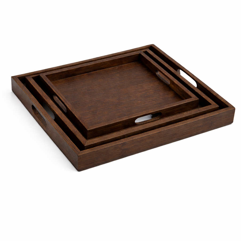 Premium Wooden Serving Tray Set (3 PCS) – Nested Bamboo Trays with Handles for Kitchen, Dining & Home Décor (Light, Dark & Black Variants) - Habitt