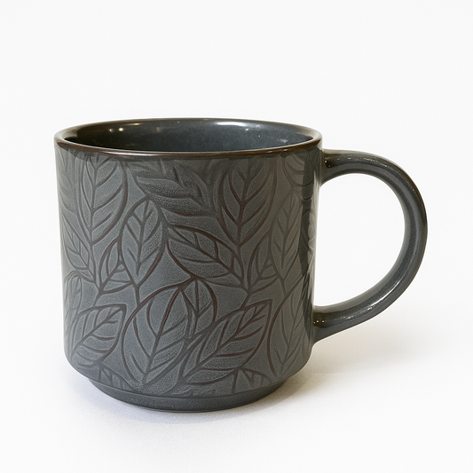 Embossed Leaf Grey Ceramic Mug – Elegant Textured Coffee & Tea Cup