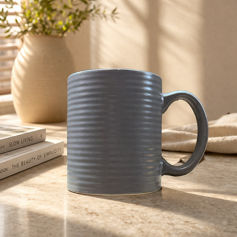 Grey Ribbed Ceramic Coffee Mug | Modern Textured Tea Cup with Glossy Finish - Habitt